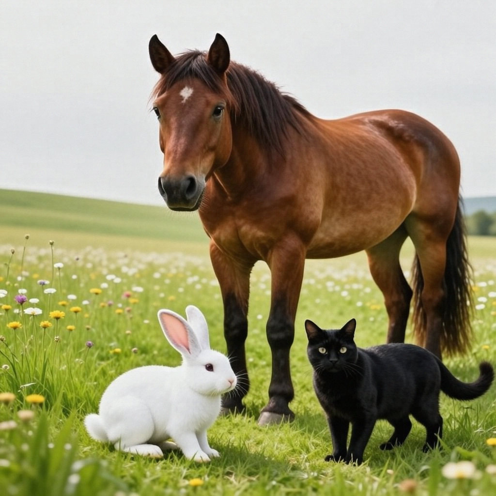 A big brown horse, a small white rabbit, and a medium-sized 