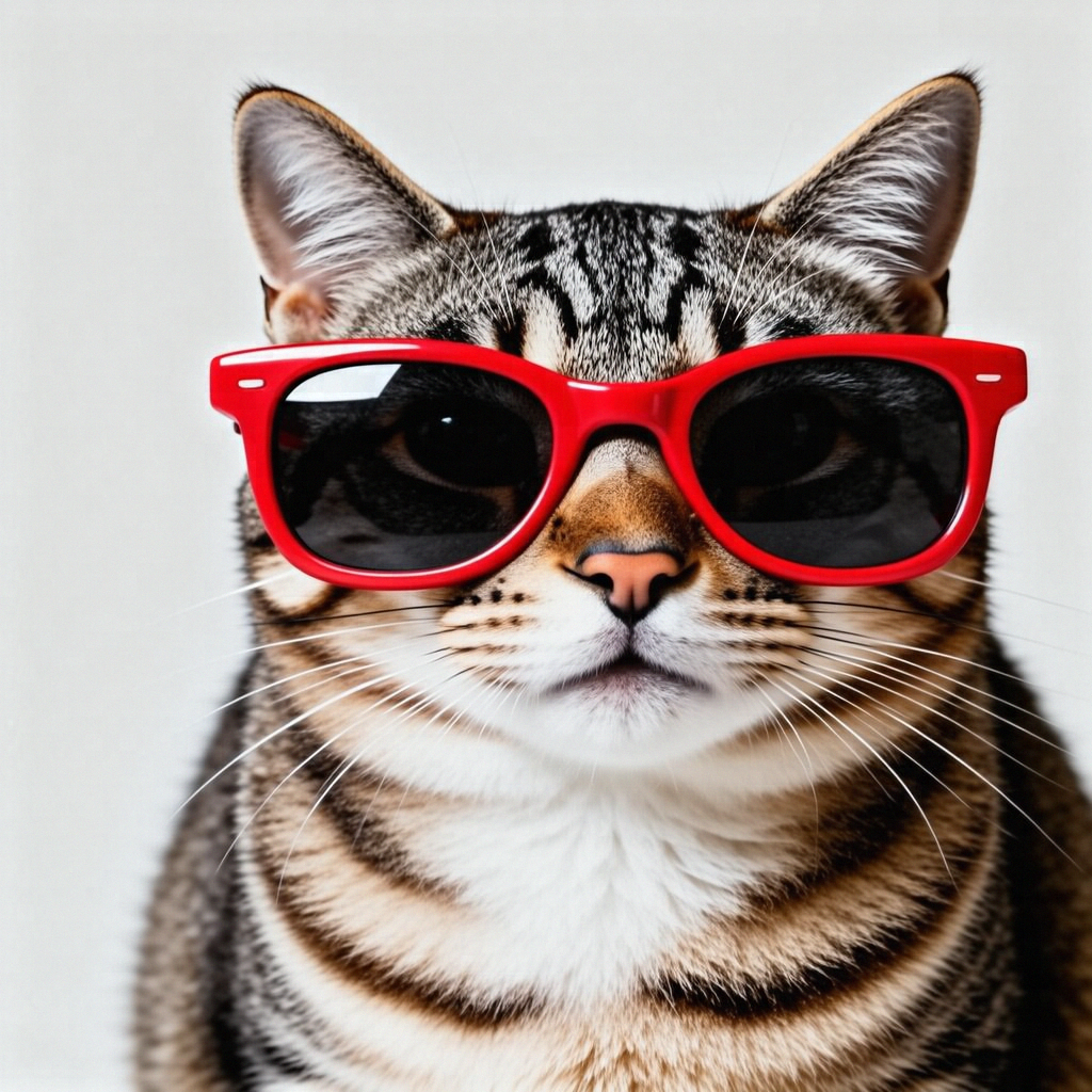 A tabby cat wearing oversized red sunglasses