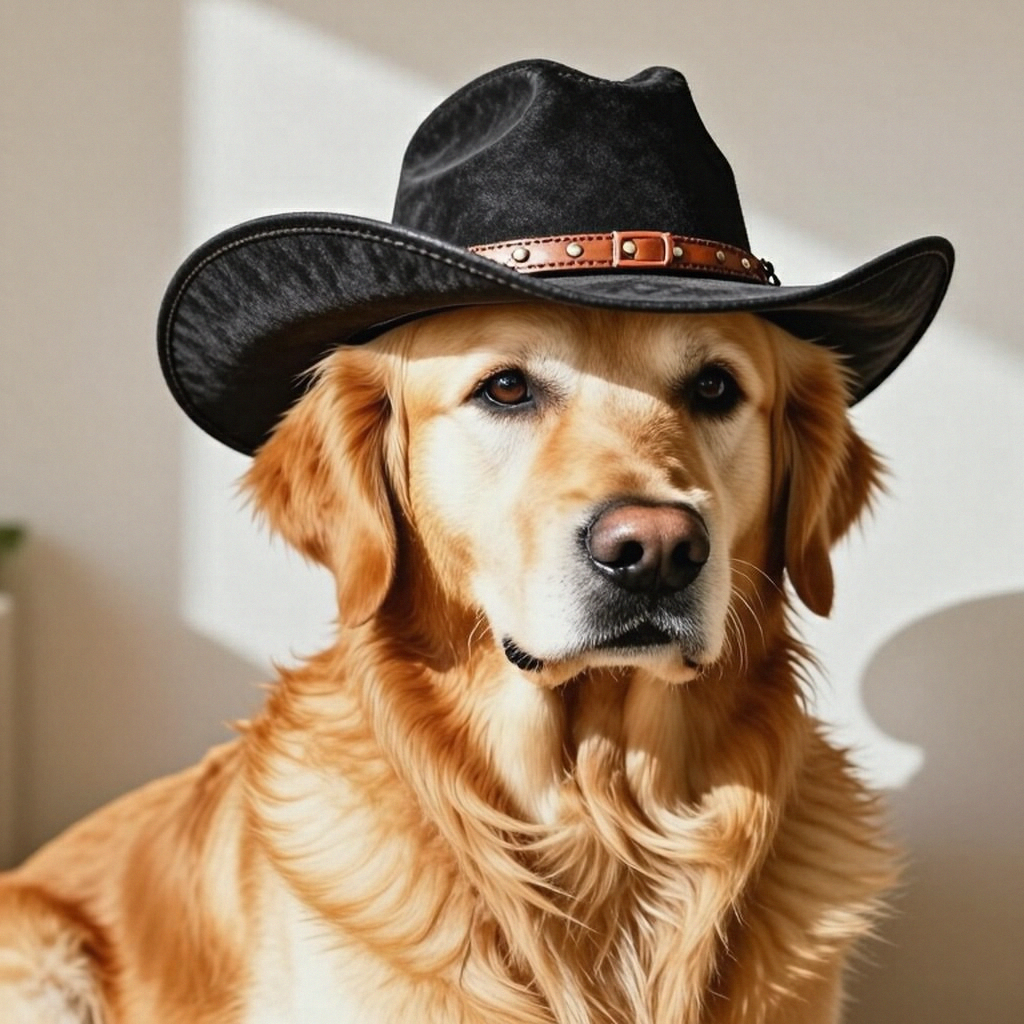 A golden retriever wearing a tiny cowboy hat