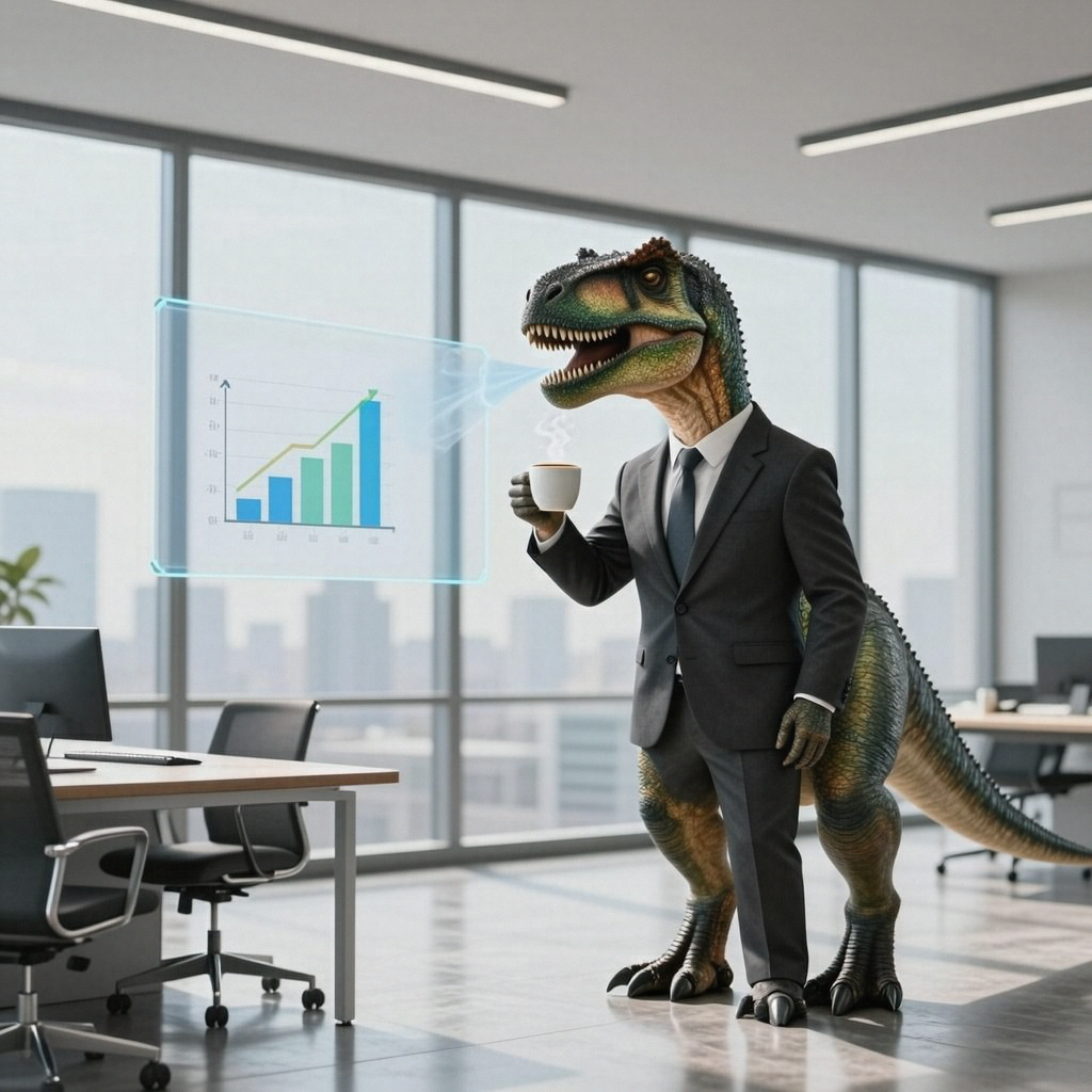 A dinosaur in a business suit giving a PowerPoint presentati