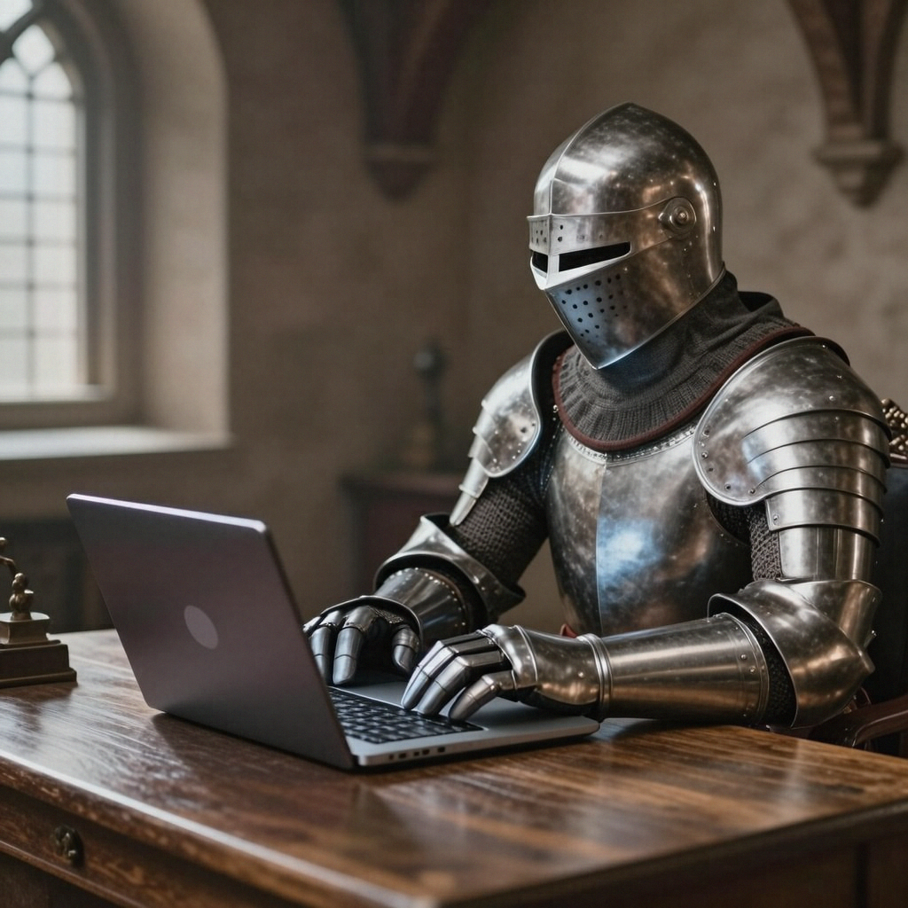 A medieval knight in full armor sitting at a desk typing on 