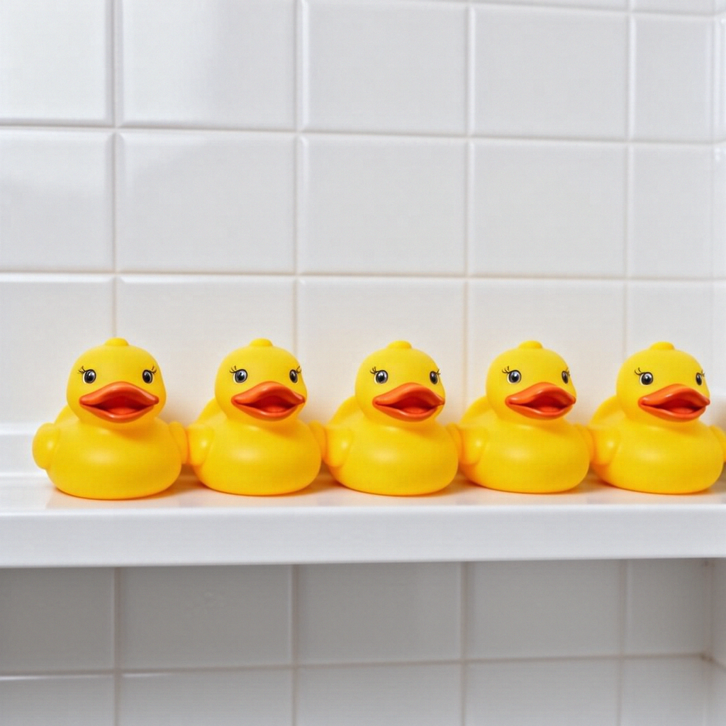 Exactly 5 yellow rubber ducks sitting in a row on a bathroom