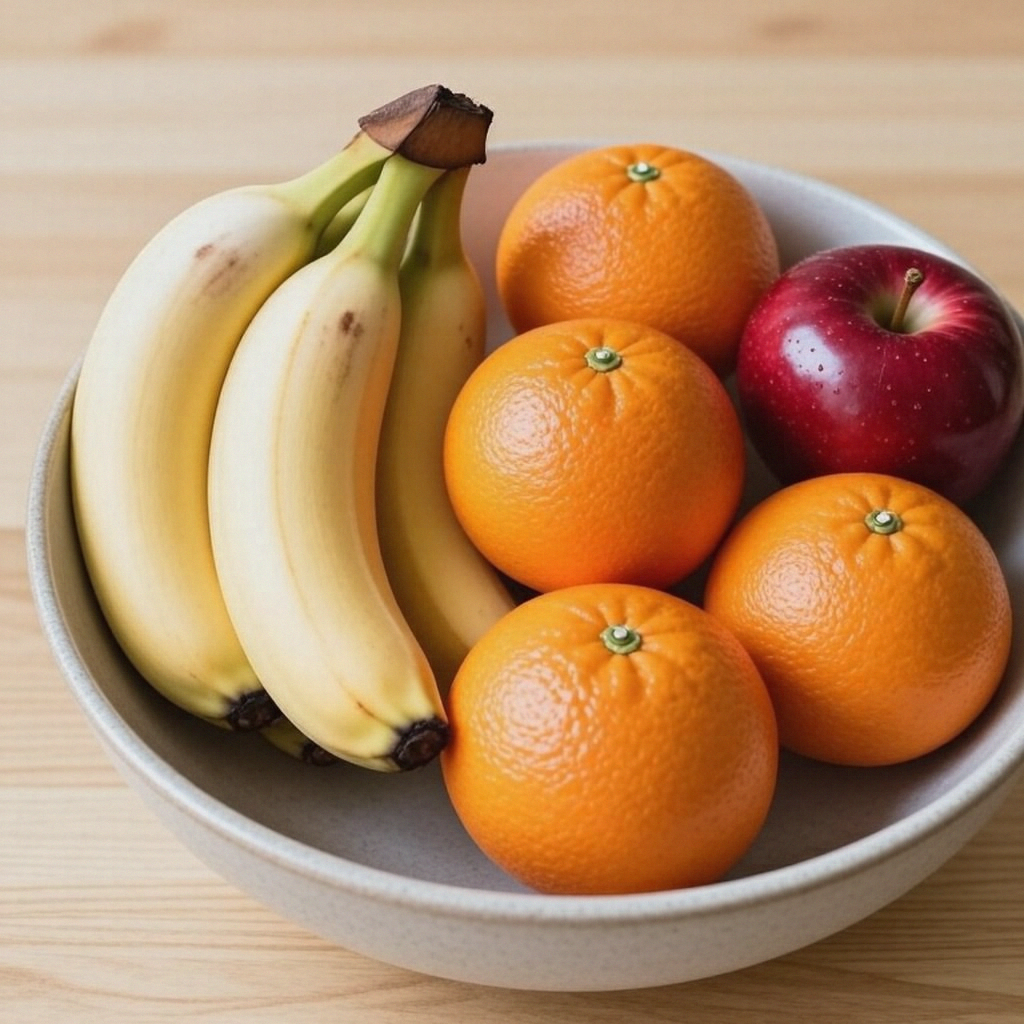A fruit bowl containing exactly 3 bananas, 4 oranges, and 2 