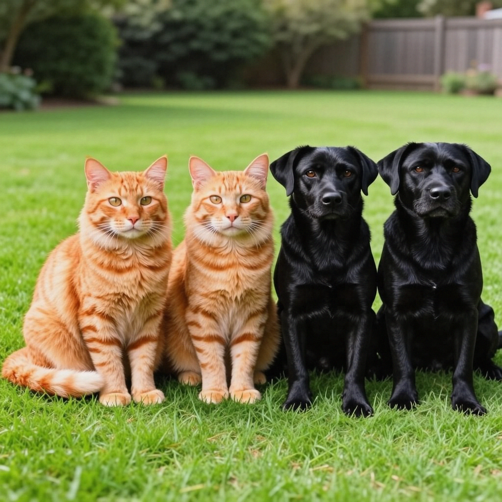 2 orange cats and 3 black dogs sitting together on a grassy 
