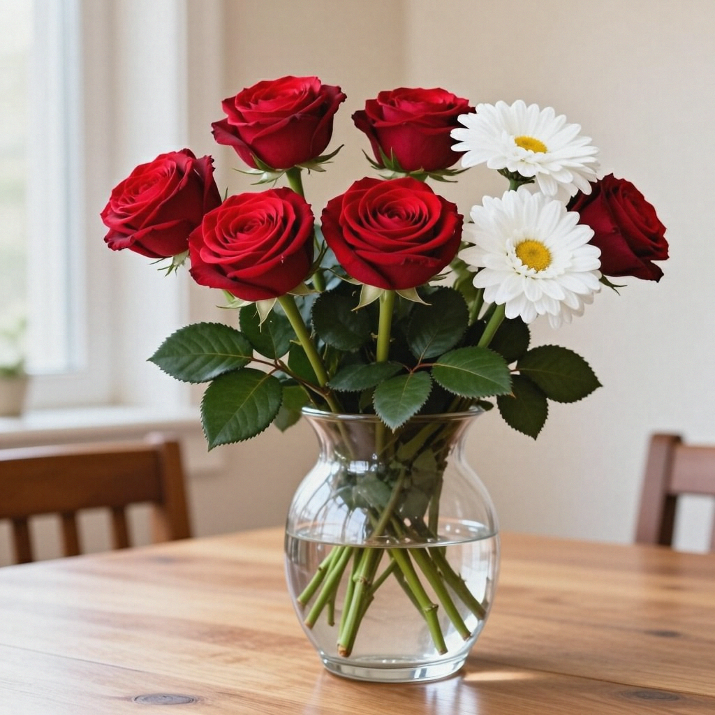 4 red roses and 2 white daisies in a glass vase on a table