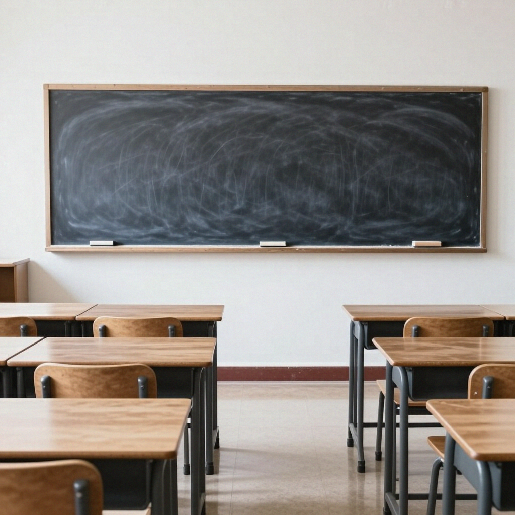 A classroom with desks and a chalkboard but no students