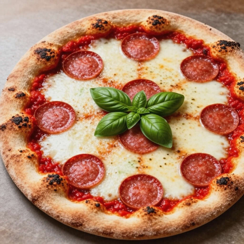 A pepperoni pizza with tomato sauce, basil, and crust but ab