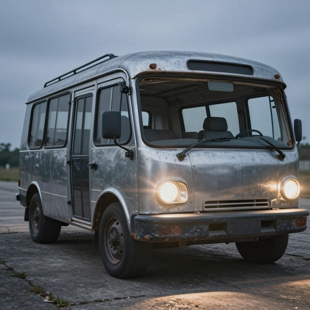 A car body with windows, doors, and headlights but no wheels