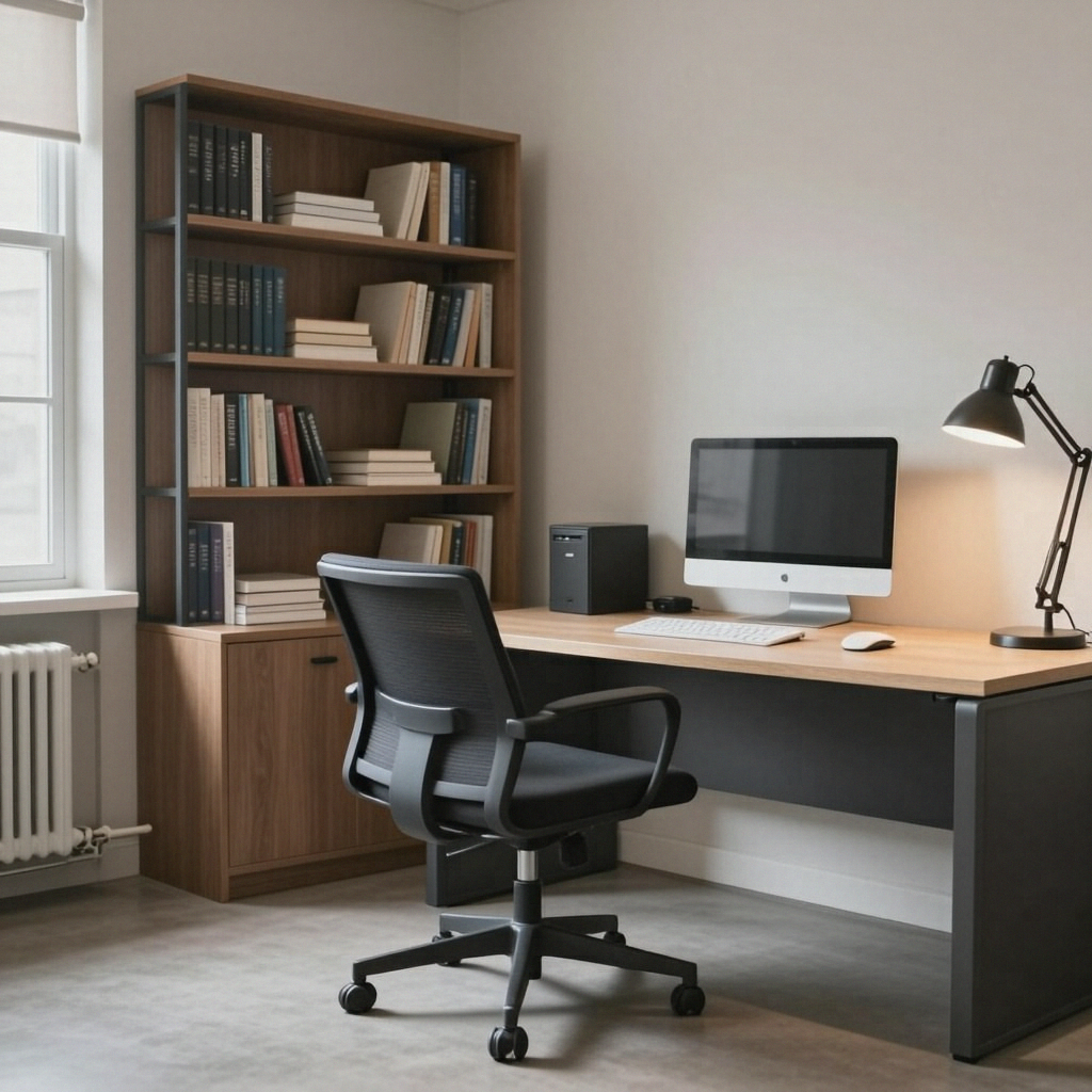 An office workspace with a desk, chair, bookshelf, and lamp 