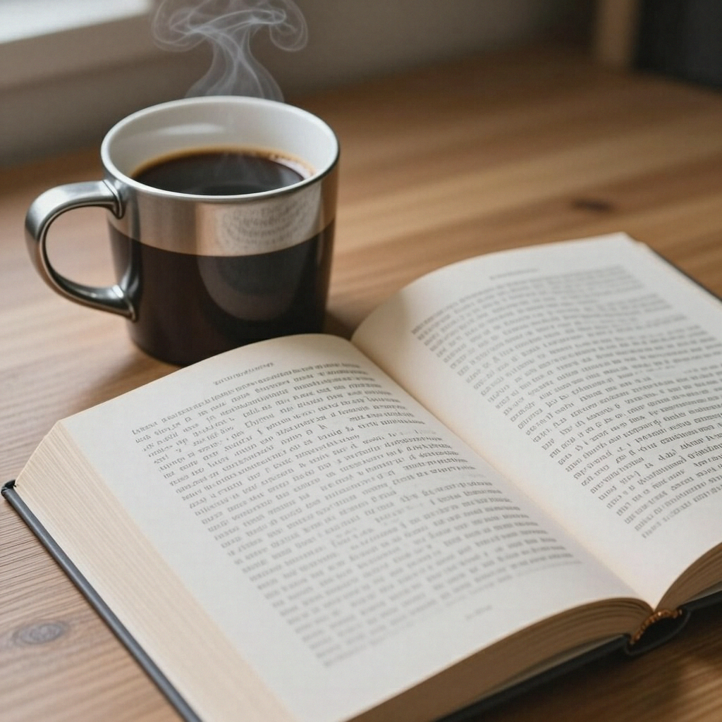 A coffee mug next to an open book on a desk