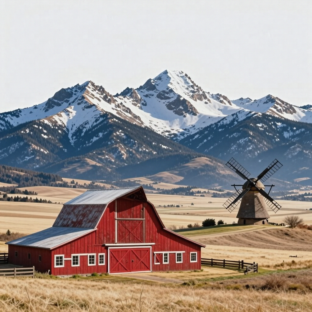 A landscape with a red barn in the foreground at large scale