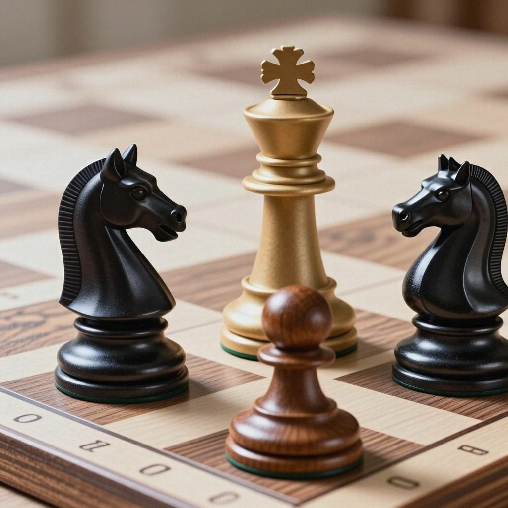Five chess pieces on a board: a king in the center, a queen 