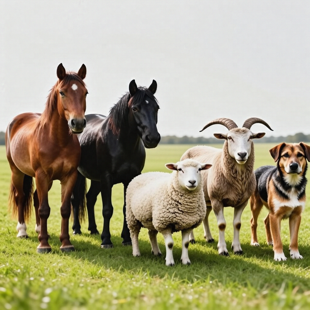 Five animals in a field: a horse on the far left, a cow to t