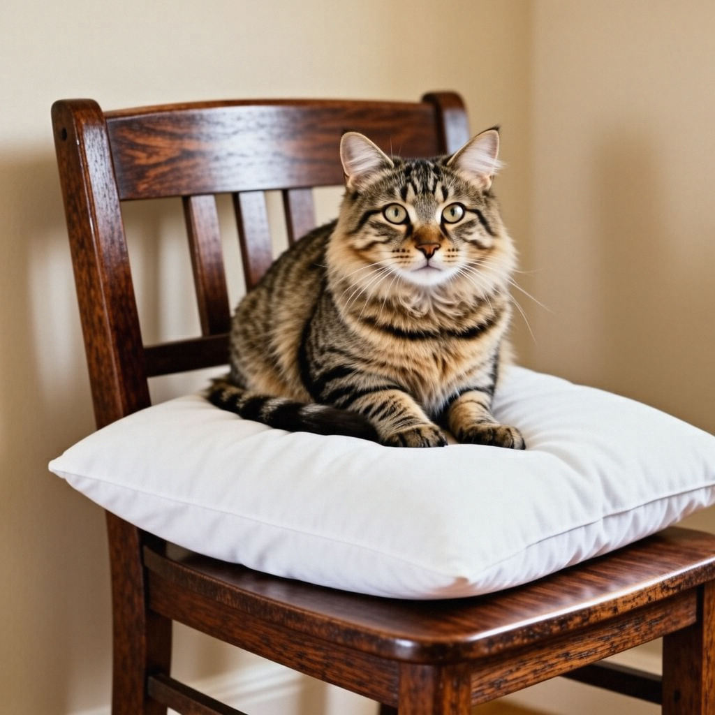 A cat sitting on a pillow, the pillow placed on a wooden cha