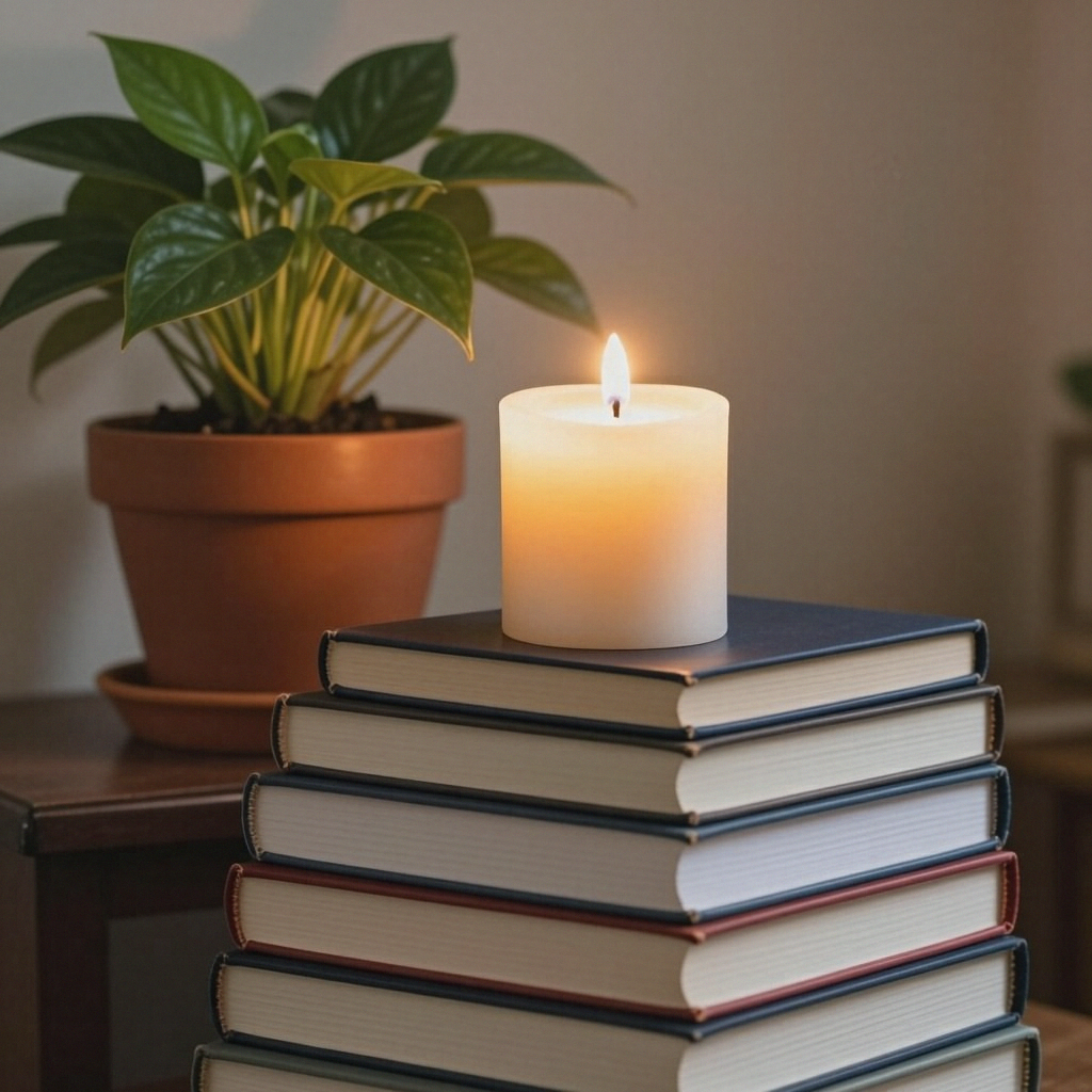 A candle on top of a stack of books, the books next to a pot