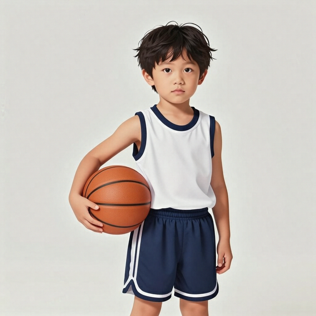 A child holding a basketball, both at correct relative sizes