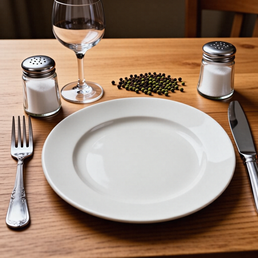 A dinner table scene with a plate, fork, knife, wine glass, 