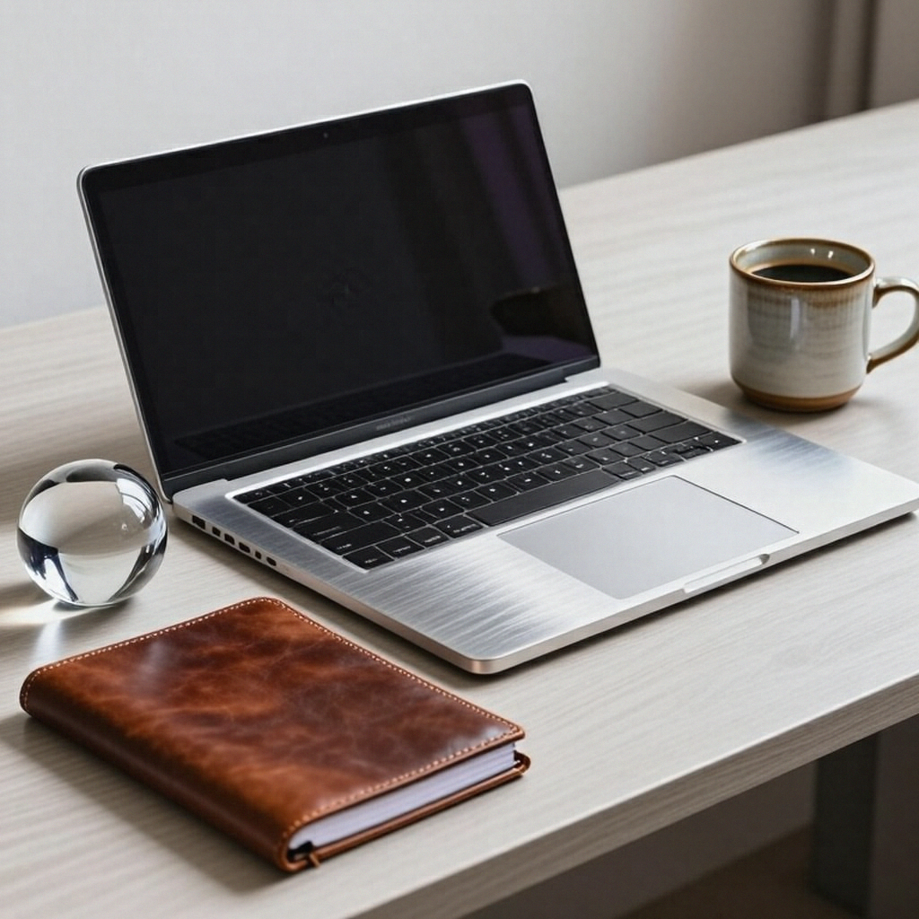 A workspace desk with a brushed aluminum laptop, a leather-b