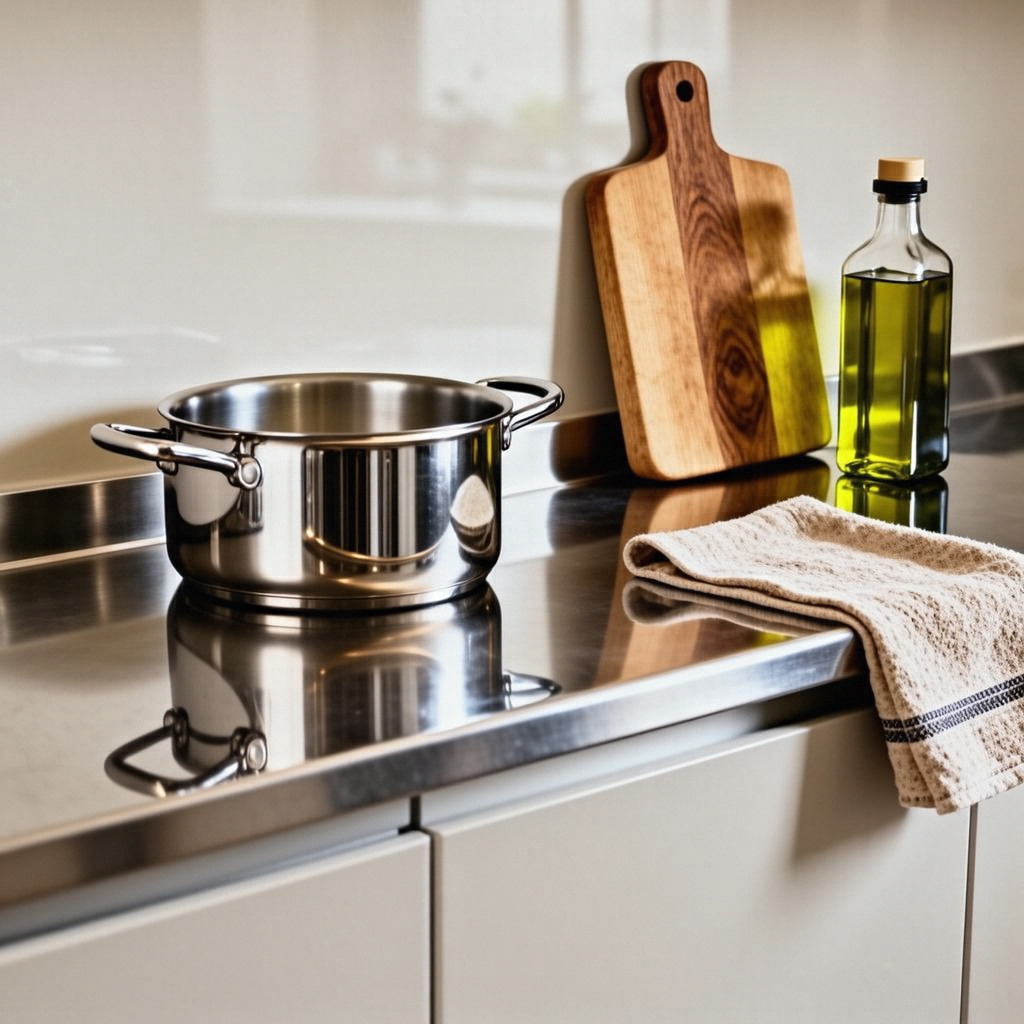 A kitchen counter with a stainless steel pot, a wooden cutti