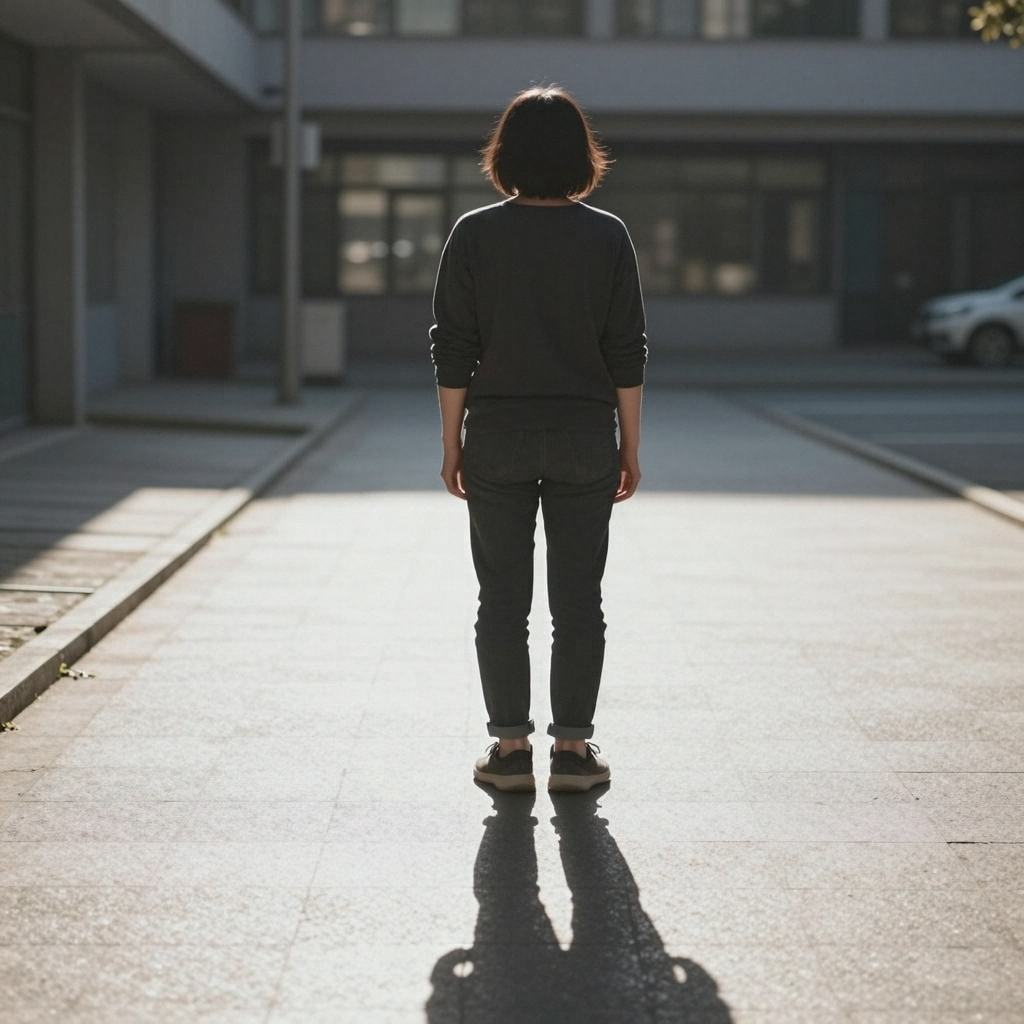 A person standing outdoors at midday with a short shadow dir