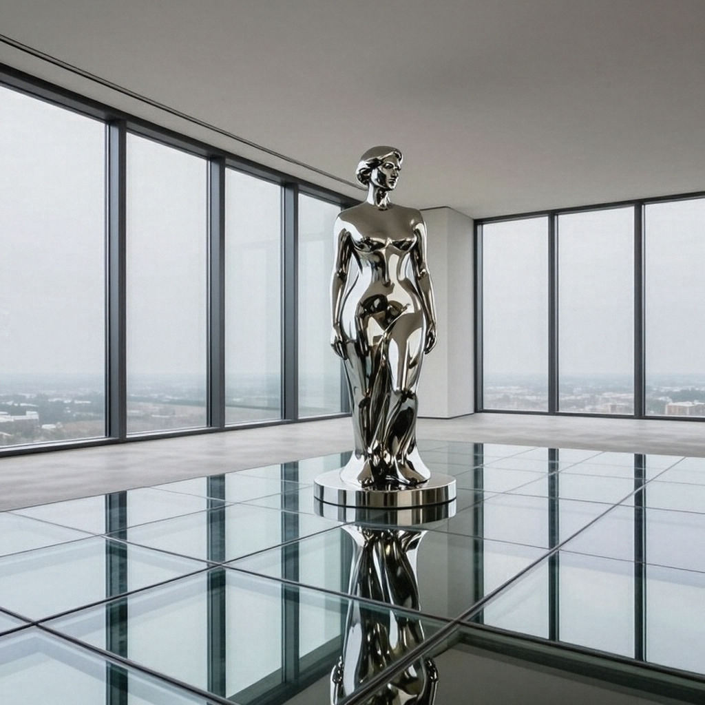 A chrome sculpture in a room with a glass floor and large wi
