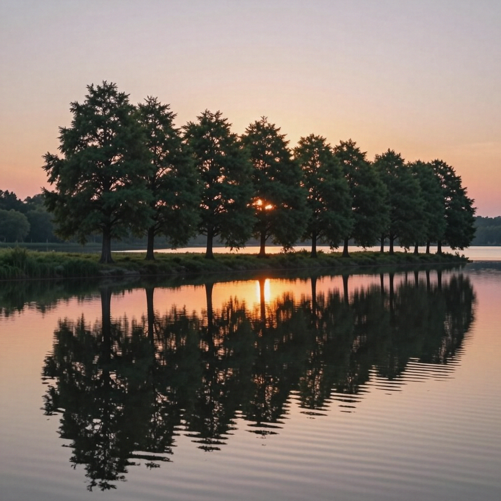 A row of trees reflected in a calm lake at sunset, with the 