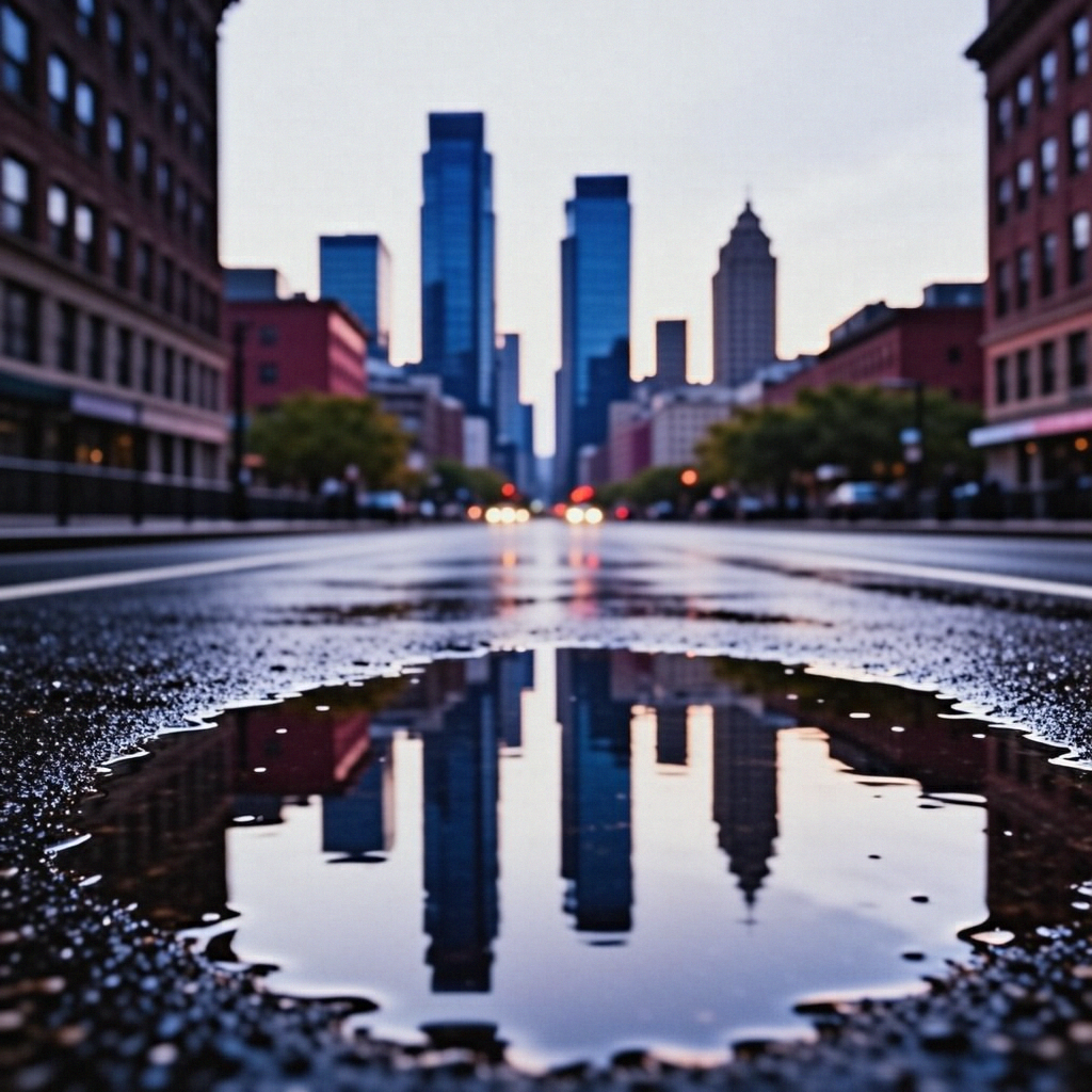 A city skyline reflected in a rain puddle on a street, with 