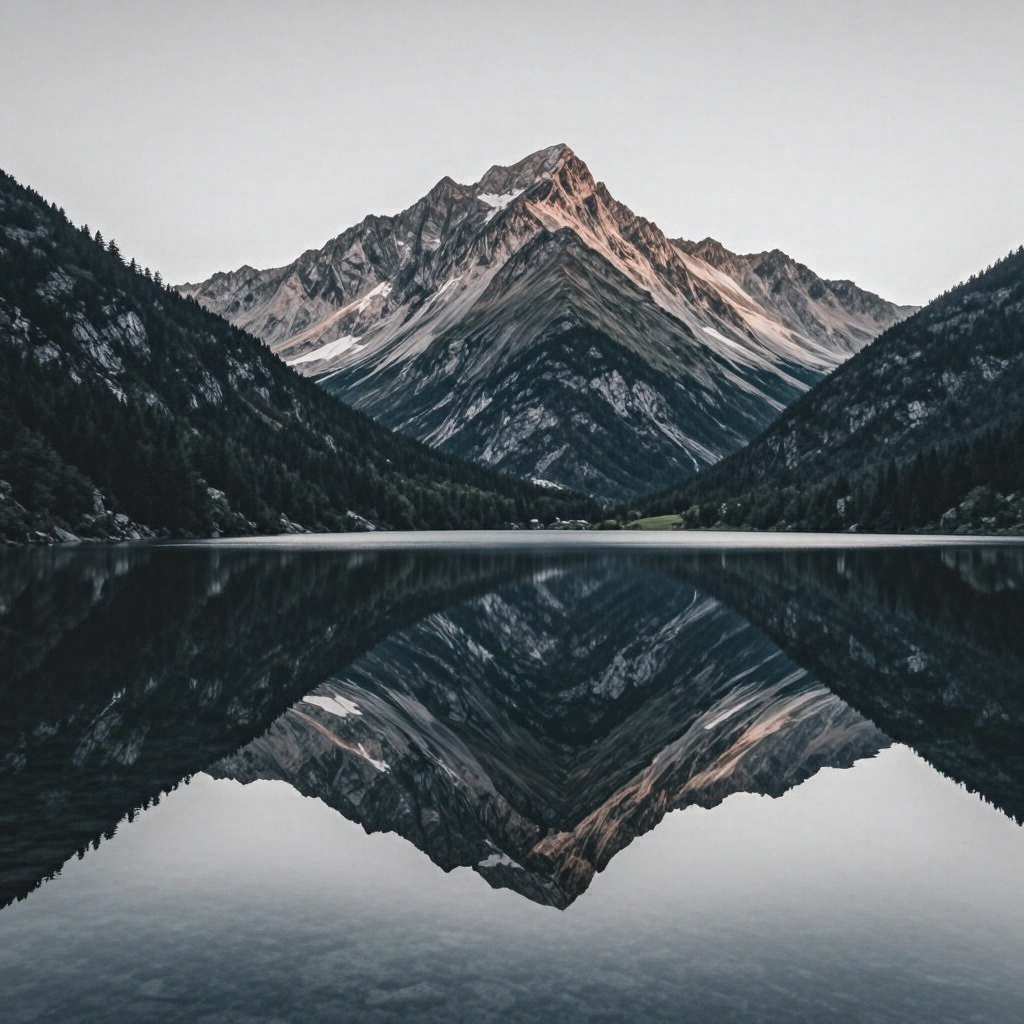 A mountain range reflected in a still alpine lake, with the 