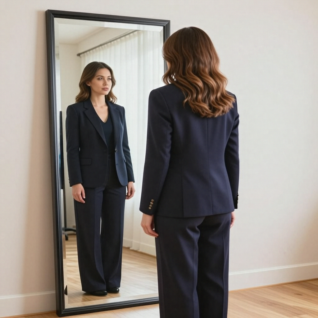 A woman standing in front of a full-length mirror, her refle