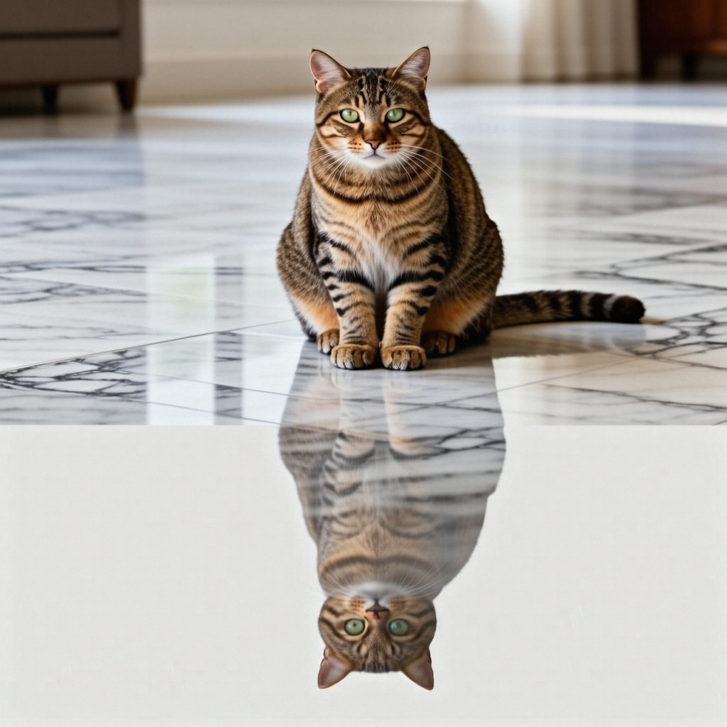 A cat sitting on a polished marble floor with its reflection