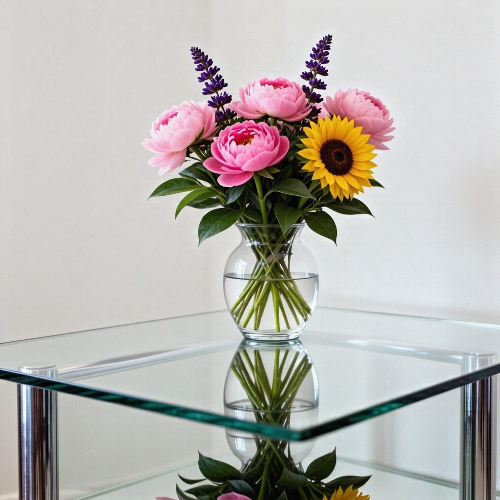 A vase of flowers on a glass table with a clear reflection v