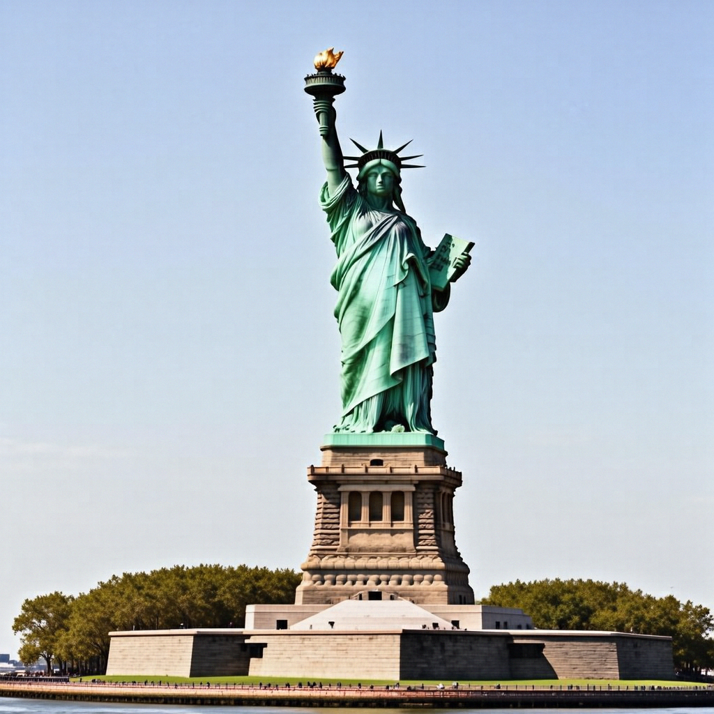 The Statue of Liberty on her island pedestal, with correct t