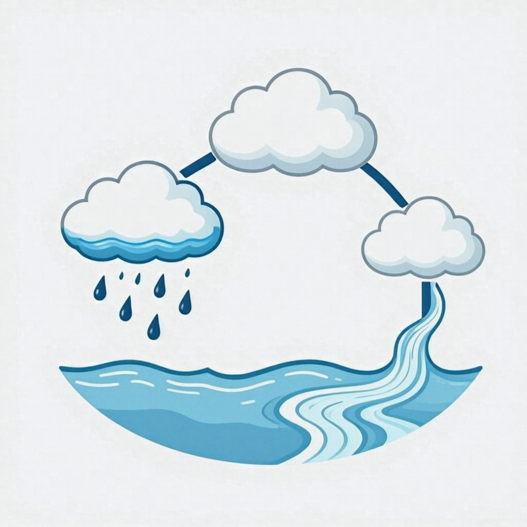 A detailed diagram of the water cycle showing evaporation fr