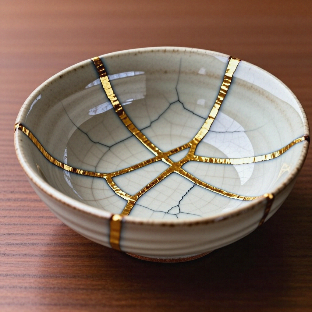 A Japanese kintsugi bowl — cracked ceramic repaired with vis