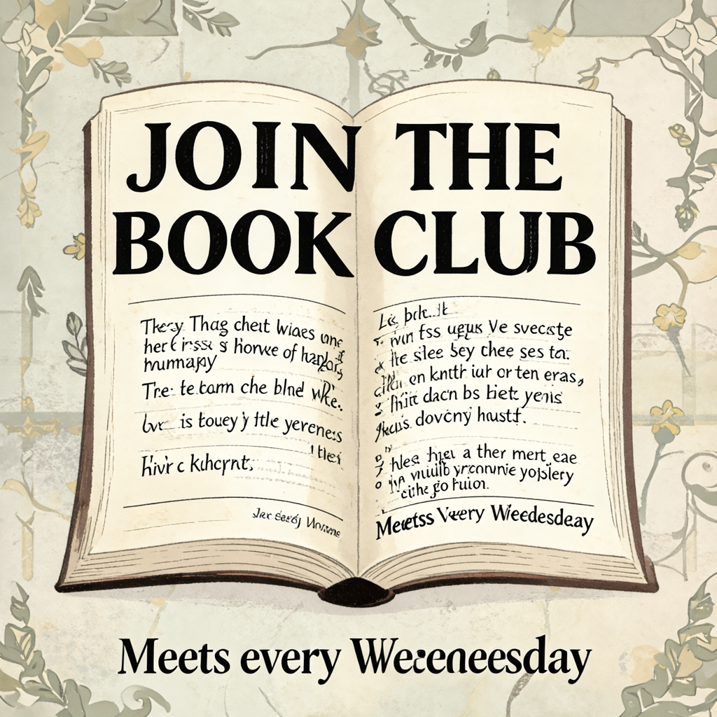 A book club poster with an open book illustration, the title