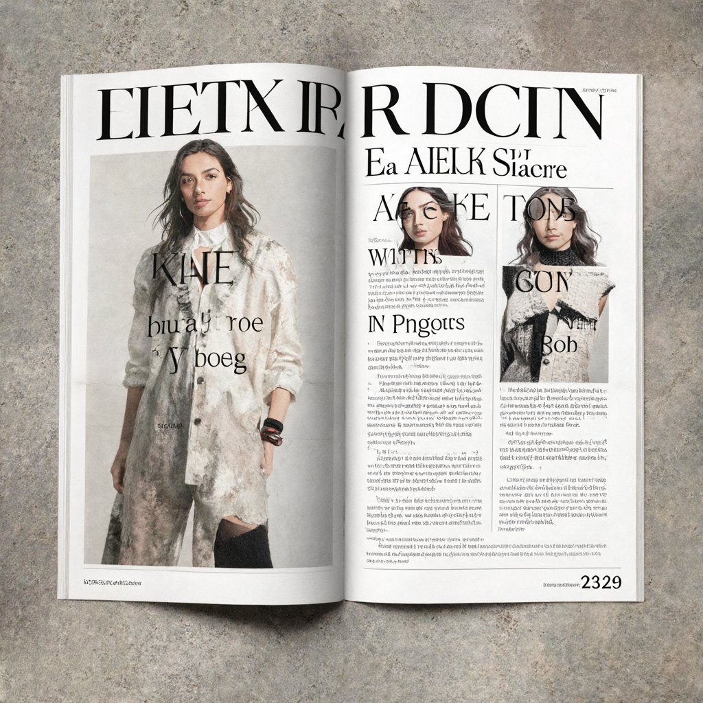 A fashion magazine spread with a full-bleed left-page photo,