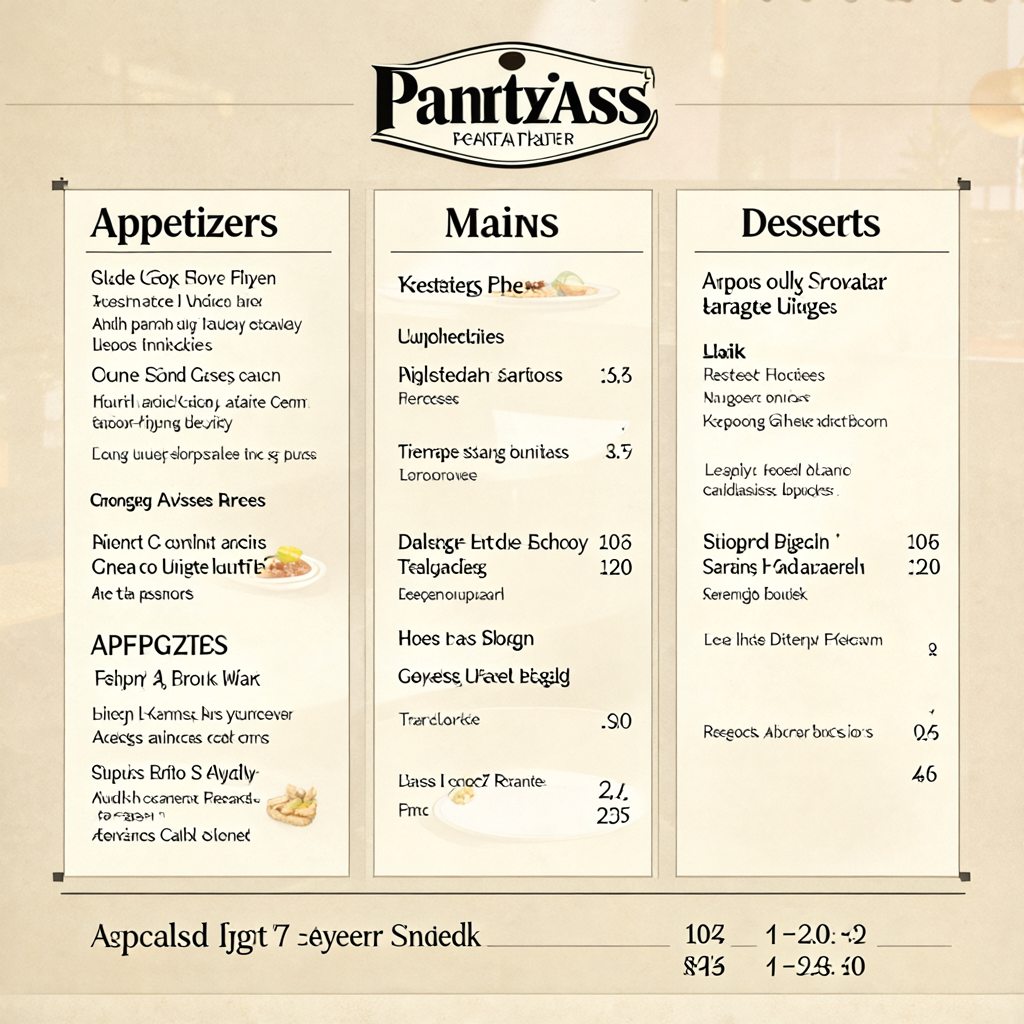 A restaurant menu layout with a logo header, three category 