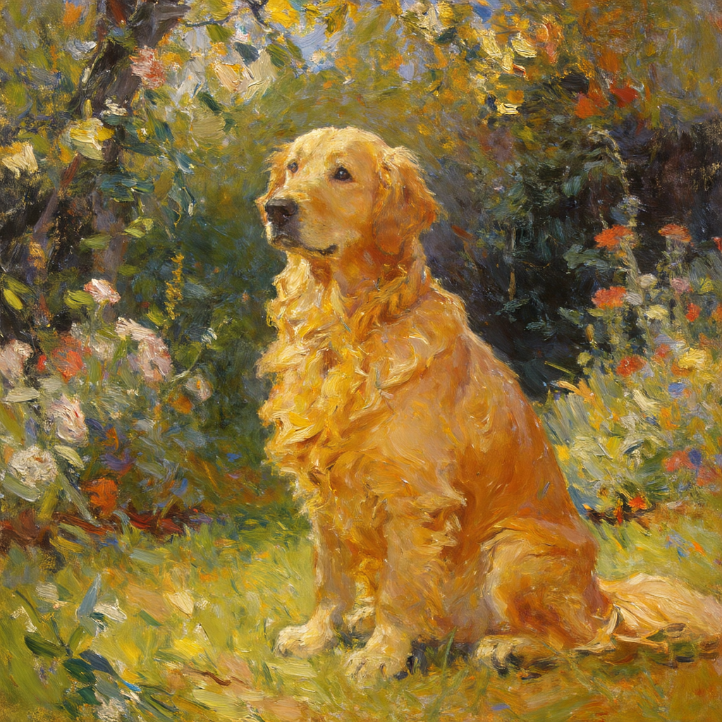 A golden retriever sitting in a garden, painted in the style