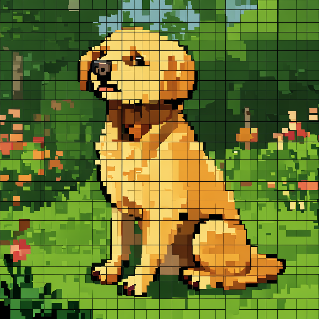 A golden retriever sitting in a garden, rendered in pixel ar