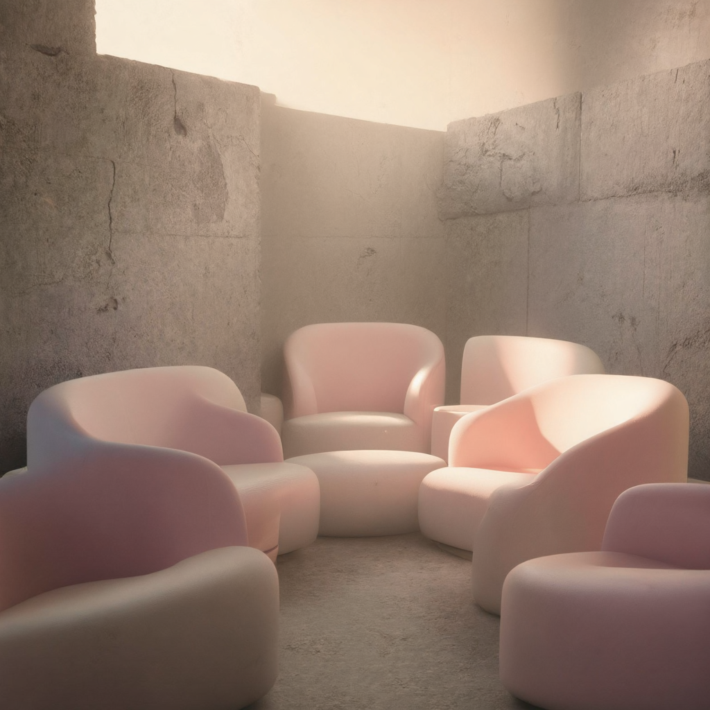 An interior scene rendered in soft brutalism — raw concrete 