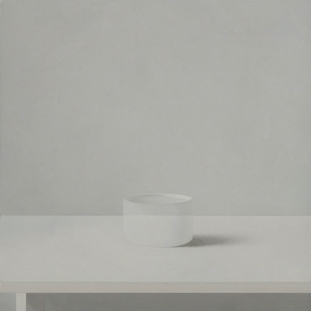 A still life painted in anxious minimalism — sparse composit