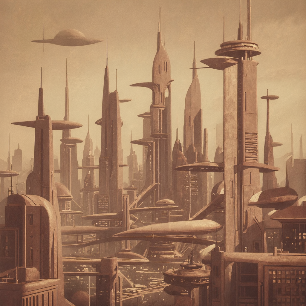 A cityscape rendered in nostalgic futurism — retro-futuristi