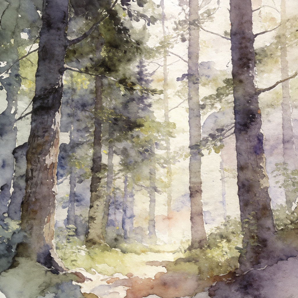 A forest rendered in photorealistic watercolor — the detail 