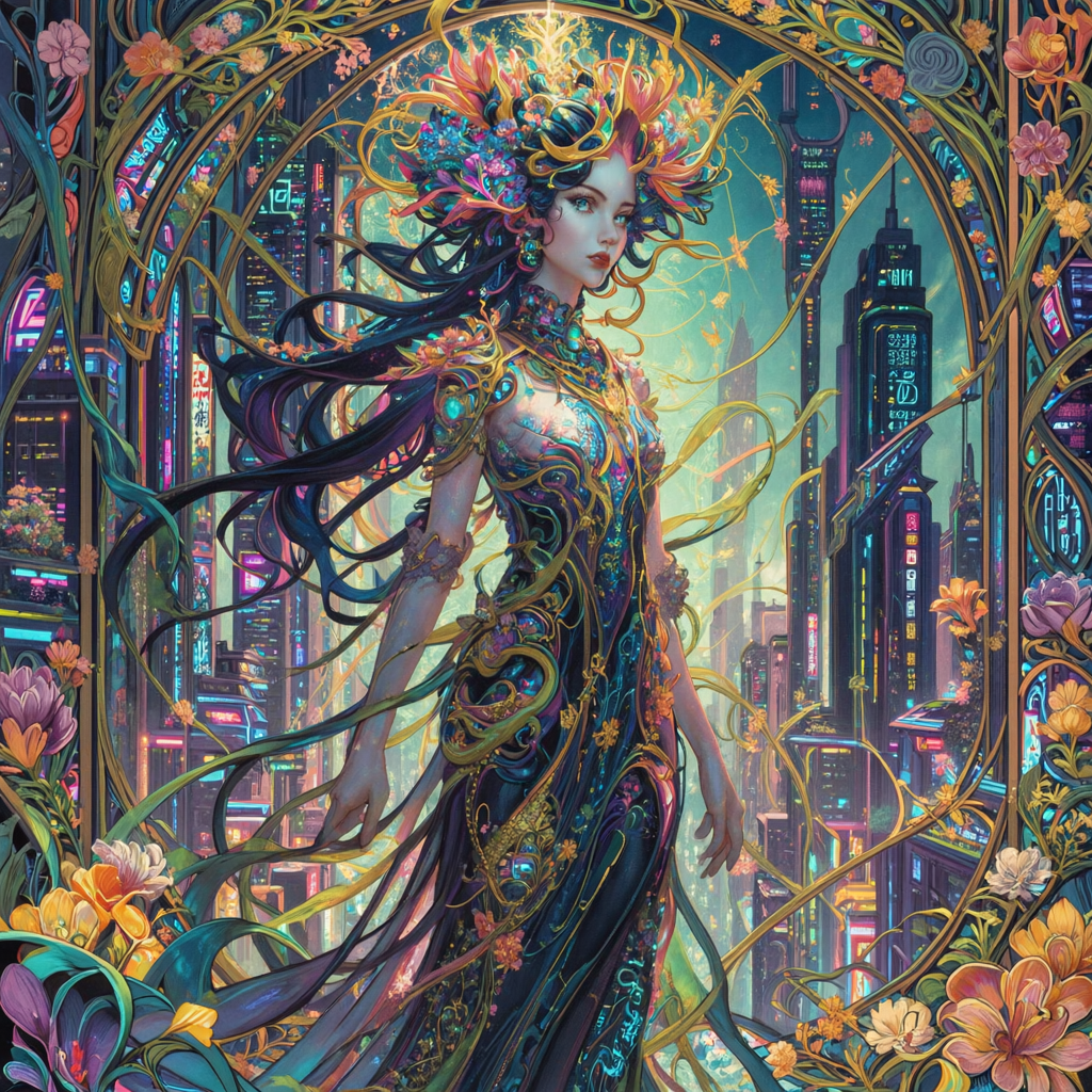 A woman in a futuristic city rendered in cyberpunk Art Nouve