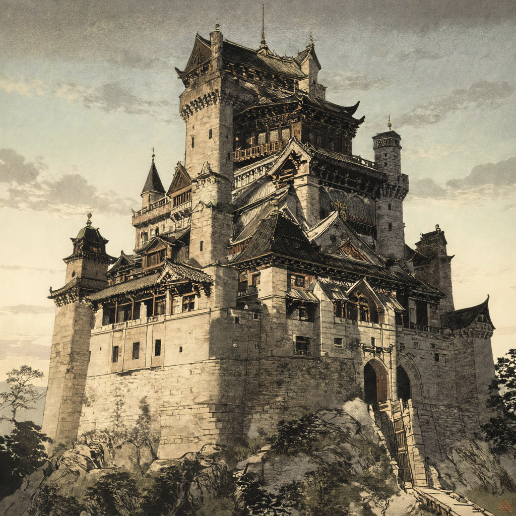 A medieval castle depicted in Japanese ukiyo-e woodblock pri
