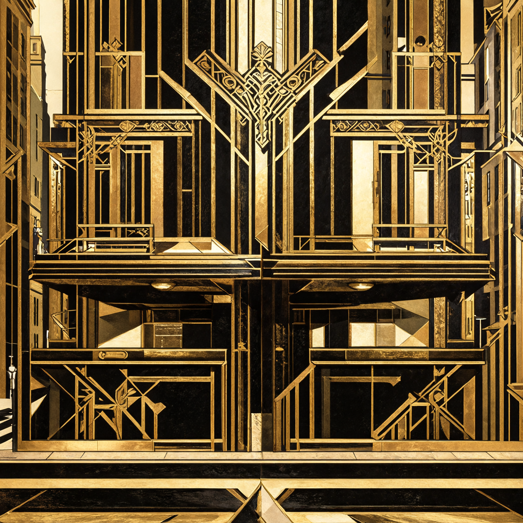 A city street scene in the style of Art Deco — geometric sha
