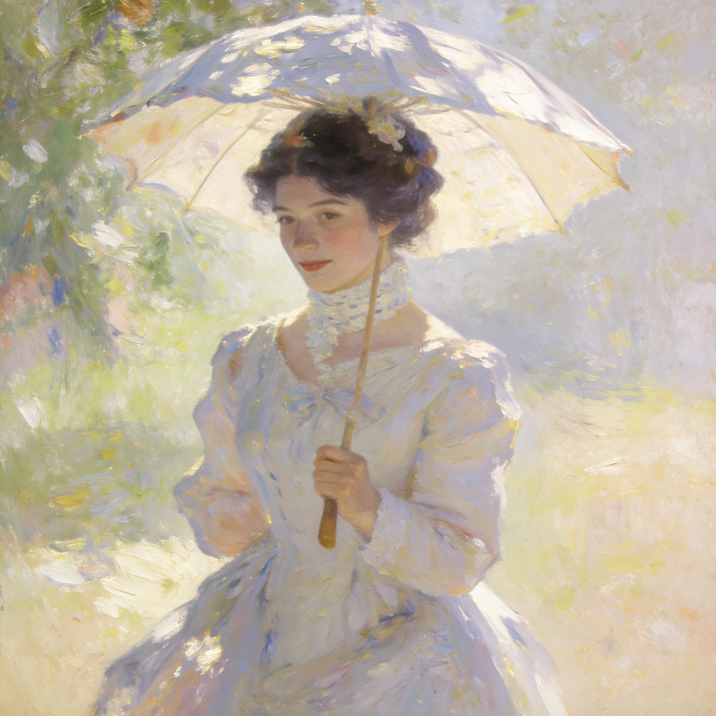 A woman with a parasol in the style of Impressionism — soft 