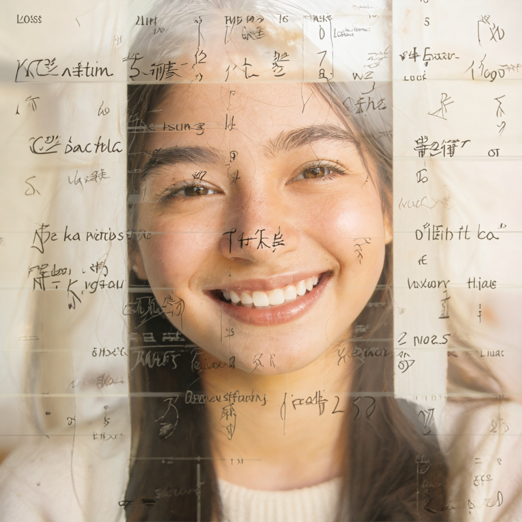 A close-up portrait of a young woman with a warm natural smi