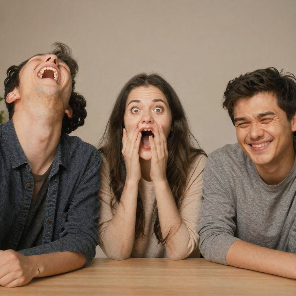 A group of three friends at a table: one laughing with head 