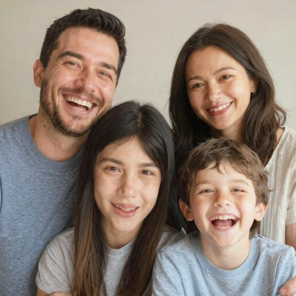 A family photo with four people: a father beaming with pride
